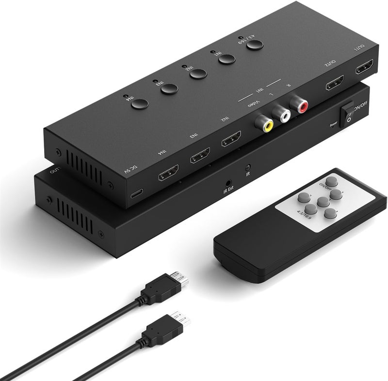 YDF (3 HDMI 2.0 + 1 RCA) to 2 HDMI Converter (4 In 2 Out, 2 Outputs Can Simultaneous Display) Switcher Splitter Support 4:3/16:9 Switching for N64 NGC Wii Xbox PS2/3/4/5 Switch Apple TV Fire TV Roku - Image 1